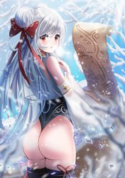 Rule 34 | 1girl, artist request, ass, bare shoulders, blush, bow, breasts, detached sleeves, from behind, hair bow, highres, huge ass, ice, leotard, long hair, medium breasts, open mouth, original, red eyes, scroll, shiny skin, sideboob, silver hair, snow, solo, thighhighs, thong, thong leotard, very long hair
