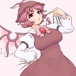 Rule 34 | 1girl, animal ears, bird ears, bird wings, blush, bow, breasts, brown dress, brown skirt, brown vest, character name, commentary, dress, feathered wings, fingernails, frilled sleeves, frills, hand on own hip, hat, juliet sleeves, kigan&#039;eiji, large breasts, long fingernails, long sleeves, mob cap, mystia lorelei, pink bow, pink hair, puffy sleeves, red eyes, sharp fingernails, short hair, skirt, skirt set, touhou, undershirt, very long fingernails, vest, white wings, winged hat, wings