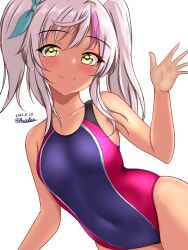Rule 34 | 1girl, blue one-piece swimsuit, comandante cappellini (kancolle), competition swimsuit, covered navel, cowboy shot, dark-skinned female, dark skin, dated, green eyes, highres, kantai collection, long hair, looking at viewer, montemasa, multicolored clothes, multicolored hair, multicolored swimsuit, navel, one-piece swimsuit, pink hair, pink one-piece swimsuit, smile, solo, streaked hair, swimsuit, twintails, twitter username, two-tone swimsuit