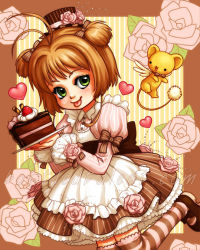 Rule 34 | 1990s (style), 1girl, bow, brown hair, cake, cardcaptor sakura, child, chocolate, dress, flower, food, green eyes, hair bow, hat, heart, kero (cardcaptor sakura), kinomoto sakura, mary janes, mini hat, mini top hat, retro artstyle, rose, samantha whitten, shoes, short hair, short twintails, striped clothes, striped thighhighs, thighhighs, tongue, tongue out, top hat, twintails, watermark