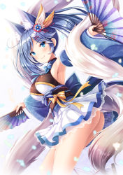 Rule 34 | 1girl, akashio (loli ace), animal ears, ass, azur lane, blue eyes, blue hair, bow, commentary, detached sleeves, extra ears, eyes visible through hair, female focus, folding fan, hair ornament, hand fan, highres, jintsuu (azur lane), long hair, looking at viewer, no panties, obi, outstretched arm, sash, smile, solo, tail, twintails