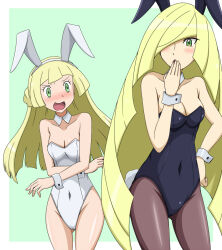 Rule 34 | 2girls, age difference, alternate costume, animal ears, bare legs, bare shoulders, black leotard, blonde hair, blunt bangs, blunt ends, blush, braid, breasts, cameltoe, cleavage, collarbone, commentary, constricted pupils, covered mouth, covered navel, covering own mouth, cowboy shot, creatures (company), crossed arms, detached collar, embarrassed, fake animal ears, fake tail, game freak, gluteal fold, green background, green eyes, groin, hair over one eye, hairband, hand on own hip, hand over own mouth, hand up, highleg, highleg leotard, kuro hopper, leotard, lillie (pokemon), long hair, looking at another, looking at viewer, lusamine (pokemon), mature female, medium breasts, mother and daughter, multiple girls, nintendo, nose blush, open mouth, outside border, pantyhose, playboy bunny, pokemon, pokemon sm, rabbit ears, rabbit tail, sideboob, simple background, small breasts, standing, strapless, strapless leotard, surprised, swept bangs, tail, thighs, v-shaped eyebrows, very long hair, white leotard, wide-eyed, wrist cuffs