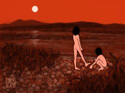 Rule 34 | 2girls, artist logo, black hair, completely nude, facing away, full body, grass, highres, kneeling, multiple girls, nude, original, painting (medium), red background, red sky, red theme, short hair, sky, solo, standing, sun, traditional media, tsurikawa373, water, wide shot
