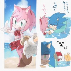 Rule 34 | 1girl, 3boys, amy rose, anger vein, beach, false smile, furry, furry female, furry male, gloves, green eyes, half-closed eyes, holding hands, innertube, knuckles the echidna, kohane01, multiple boys, ocean, open mouth, partially submerged, pointing, smile, sonic (series), sonic the hedgehog, swim ring, swimming, tails (sonic), translation request, white gloves