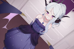 Rule 34 | 1girl, black horns, blue archive, blush, closed mouth, dangle earrings, demon horns, demon wings, dress, dutch angle, earrings, elbow gloves, female focus, gloves, grey hair, highres, hina (blue archive), hina (dress) (blue archive), horns, indoors, jewelry, long hair, looking at viewer, multiple horns, necklace, official alternate costume, official alternate hairstyle, pendant, purple dress, purple eyes, purple gloves, purple thighhighs, purple wings, qianshibu, smile, solo, standing, strapless, strapless dress, thighhighs, wings