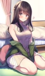 Rule 34 | 1girl, amagi shino, bed, black socks, blush, brown eyes, brown hair, carpet, commentary request, curtains, day, heart, highres, indoors, long hair, looking at viewer, original, pillow, signature, sitting, smile, socks, solo, wariza, window
