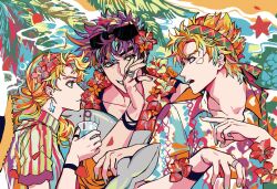 Rule 34 | 1girl, 2boys, adam&#039;s apple, alternate costume, bad id, bad twitter id, battle tendency, blonde hair, blue eyes, bracelet, brown hair, caesar anthonio zeppeli, commentary request, crazy straw, drink, drinking, drinking straw, drinking straw in mouth, earrings, eyewear on head, facial mark, flower, flower necklace, grin, hair flower, hair ornament, hair over shoulder, hairband, hand up, hat, hat on back, hawaiian shirt, hibiscus, highres, holding, holding drink, jewelry, jojo no kimyou na bouken, joseph joestar, joseph joestar (young), korean commentary, lei, long hair, multiple boys, nail polish, necklace, nigelungdayo, open mouth, palm tree, pointing, pointing at another, ponytail, ring, shirt, short hair, smile, starfish, straw hat, striped clothes, striped shirt, summer, sunglasses, suzi q, tree, upper body, vertical-striped clothes, vertical-striped shirt, wavy hair