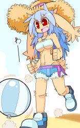 Rule 34 | 1girl, absurdres, ball, beachball, blue hair, breasts, cutoffs, female focus, furry, furry female, gradient background, hat, highres, imouchi sutan, midriff, open mouth, outdoors, rabbit, red eyes, solo, straw hat, underboob
