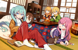 Rule 34 | 1boy, 4girls, aqua hair, blonde hair, blue eyes, brown eyes, brown hair, cabinet, closed mouth, controller, cookie, crayon shin-chan, dog, expressionless, food, food in mouth, fruit, game controller, hair ornament, hairclip, handheld game console, hanten (clothes), hatsune miku, heater, highres, holding, holding controller, holding game controller, indoors, jar, kagamine len, kagamine rin, kiya machi, kotatsu, long hair, looking at another, looking back, lying, mandarin orange, megurine luka, meiko (vocaloid), multiple girls, on stomach, open mouth, orange scarf, pants, pillow, pink hair, red pants, scarf, shin-chan (evangelion), shirt, short hair, short ponytail, sitting, smile, sticker, table, tatami, twintails, very long hair, vocaloid, white shirt, yellow scarf