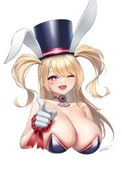 Rule 34 | + +, 1girl, ;d, absurdres, animal ears, azur lane, bare shoulders, black leotard, blonde hair, breasts, choker, cleavage, collarbone, commentary, cropped torso, facial mark, fake animal ears, fang, gloves, guam (azur lane), guam (stage-setting charmer) (azur lane), hat, heart, heart facial mark, highres, i want you, large breasts, leotard, long hair, looking at viewer, official alternate costume, one eye closed, open mouth, playboy bunny, pointing, pointing at viewer, rabbit ears, sidelocks, signature, simple background, skin fang, smile, solo, strapless, strapless leotard, top hat, two side up, undersized breast cup, upper body, very long hair, white background, white gloves, whitter