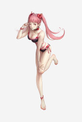 Rule 34 | 1girl, ;p, absurdres, alternate costume, bare legs, barefoot, bikini, black bikini, breasts, cleavage, feet, female focus, fire emblem, fire emblem: three houses, flower, full body, hair flower, hair ornament, highres, hilda valentine goneril, kazuko (towa), long hair, matching hair/eyes, medium breasts, nail polish, nintendo, one eye closed, pink eyes, pink hair, pink nails, red flower, running, smile, solo, swimsuit, toes, tongue, tongue out, twintails, white background, wink