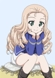Rule 34 | 1girl, bc freedom military uniform, black footwear, blonde hair, blue background, blue jacket, blue vest, boots, head rest, closed mouth, commentary, dress shirt, drill hair, girls und panzer, green eyes, high collar, jacket, kanau, knee boots, leaning forward, long hair, long sleeves, looking at viewer, marie (girls und panzer), military, military uniform, miniskirt, pillow, pleated skirt, shirt, simple background, sitting, sitting on pillow, skirt, smile, solo, uniform, vest, white shirt, white skirt