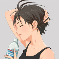 Rule 34 | 00s, 1girl, androgynous, antenna hair, black hair, bottle, closed eyes, grey background, hand to head, idolmaster, idolmaster (classic), kikuchi makoto, lips, neck, open mouth, product placement, short hair, simple background, solo, sweat, tank top, water, water drop, yachiwo