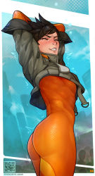 Rule 34 | 1girl, arms up, ass, black hair, bodysuit, bomber jacket, breasts, cropped jacket, eyebrows, closed eyes, grey jacket, highres, jacket, lips, no bra, orange bodysuit, overwatch, overwatch 2, short hair, skin tight, sleeves pushed up, small breasts, solo, spiked hair, stretching, tears, tracer (overwatch), waking up, yellowroom