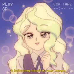 Rule 34 | 1990s (style), 1girl, anime coloring, blonde hair, bluethebone, blush, comic, diana cavendish, english text, fake screenshot, film grain, little witch academia, long hair, long sleeves, looking at viewer, luna nova school uniform, necktie, open mouth, parody, retro artstyle, school uniform, shirt, smile, solo, sparkle, style parody, subtitled, upper body, vest, white shirt