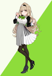 Rule 34 | 1girl, black footwear, black jacket, black pantyhose, blush, breasts, brown eyes, closed mouth, cropped jacket, curly hair, fingernails, full body, green background, green neckwear, grey background, grey skirt, hand up, high-waist skirt, high heels, highres, jacket, large breasts, light brown hair, long hair, long sleeves, marinasu channel (kari), official art, open clothes, open jacket, otonoha naho, pantyhose, piano print, pleated skirt, ribbed sweater, shoes, skirt, smile, solo, standing, standing on one leg, sweater, turtleneck, turtleneck sweater, two-tone background, very long hair, virtual youtuber, white sweater, yuu (higashi no penguin)