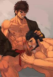 Rule 34 | 2boys, abs, bara, bare pectorals, beard, brown hair, censored, dungeon and fighter, erection, facial hair, feet out of frame, fellatio, fighter (dungeon and fighter), gluteal fold, hairy, japanese clothes, kimono, large pectorals, licking, licking penis, male fighter (dungeon and fighter), male focus, male priest (dungeon and fighter), mosaic censoring, multiple boys, naked kimono, navel, nikism, nipples, nude, open clothes, open kimono, oral, pectorals, penis, short hair, smile, spread legs, sweat, thick eyebrows, thick thighs, thighs, toned, toned male, tongue, tongue out, veins, veiny penis, yaoi