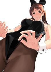 Rule 34 | 1girl, adjusting clothes, adjusting leotard, animal ears, bare shoulders, black leotard, blush, breasts, brown eyes, brown hair, brown pantyhose, cameltoe, commentary request, detached collar, fake animal ears, from below, frontal wedgie, idolmaster, idolmaster cinderella girls, large breasts, leotard, leotard lift, long hair, looking at viewer, looking down, mibu natsuki, nitta minami, pantyhose, parted lips, partially visible vulva, playboy bunny, rabbit ears, simple background, solo, standing, strapless, strapless leotard, wedgie, white background, wrist cuffs