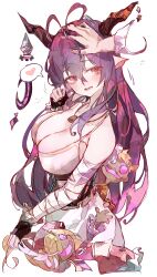 Rule 34 | 1boy, 1girl, absurdres, antenna hair, bandaged arm, bandages, black hair, blush, breasts, cleavage, cocoballking, commission, danua, doll, draph, dress, fingerless gloves, gloves, granblue fantasy, heart, highres, horn ornament, horns, jewelry, large breasts, long hair, necklace, open mouth, pixiv commission, pointy ears, red eyes, white background, white dress