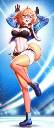 Rule 34 | 1girl, absurdres, animal ears, arms up, black gloves, black shorts, blue footwear, blue jacket, blush, bonnie (bunny gif), boots, breasts, brown thighhighs, cleavage, floppy ears, full body, glasses, gloves, hair between eyes, highres, indie virtual youtuber, jacket, large breasts, leg up, open mouth, orange hair, pink eyes, rabbit ears, rabbit girl, rabbit tail, revenantart, shorts, smile, solo, standing, tail, thighhighs, virtual youtuber