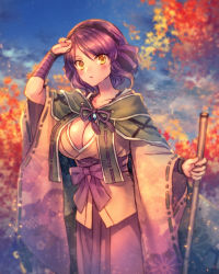 Rule 34 | 1girl, autumn leaves, blastoise, blue sky, blush, breasts, character request, cleavage, creatures (company), floral print, game freak, gen 1 pokemon, hairband, hand up, huge breasts, japanese clothes, looking at viewer, moe (hamhamham), nintendo, outdoors, personification, pokemon, purple hair, sky, solo, standing, cane, wide sleeves, yellow eyes