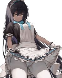 Rule 34 | 1girl, absurdres, ahoge, apron, black dress, black hair, blue archive, blue bow, blue bowtie, blue ribbon, bow, bowtie, breasts, cameltoe, closed mouth, clothes lift, commentary, cowboy shot, dark-skinned female, dark skin, dress, dress lift, expressionless, frilled apron, frilled dress, frills, from below, gloves, gluteal fold, hair between eyes, halo, highres, karin (blue archive), large breasts, lifting own clothes, long hair, looking at viewer, maid, maid apron, maid headdress, noshita (qonneno), panties, pantyhose, puffy short sleeves, puffy sleeves, ribbon, short sleeves, simple background, solo, standing, thighs, underwear, very long hair, white apron, white background, white gloves, white panties, white pantyhose, yellow eyes