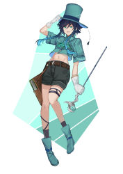 Rule 34 | 1boy, :d, absurdres, alternate costume, aoki (areek0okl), aqua footwear, aqua hair, aqua theme, arm up, ascot, belt, black shorts, black socks, blue hair, book, boots, brown belt, chinese commentary, commentary request, dark blue hair, full body, genshin impact, green ascot, green eyes, hat, highres, holding, holding headgear, holding staff, knees, looking at viewer, male focus, navel, open mouth, short hair, short hair with long locks, short shorts, short sleeves, shorts, sidelocks, smile, socks, solo, staff, stomach, strap, thigh strap, top hat, twintails, venti (genshin impact)