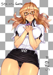 Rule 34 | 1girl, 23 (real xxiii), belt, black panties, black skirt, blush, breasts, brown eyes, brown hair, cameltoe, cellphone, checkered background, covered erect nipples, dress shirt, glasses, hands on own chest, highres, impossible clothes, impossible shirt, kiryuu moeka, large breasts, lips, miniskirt, panties, pantyshot, pencil skirt, phone, shirt, skirt, solo, steins;gate, underwear, upskirt
