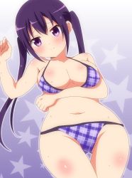 Rule 34 | 1girl, bikini, blush, breasts, cleavage, closed mouth, collarbone, cowboy shot, gochuumon wa usagi desu ka?, groin, hara (harayutaka), highres, large breasts, long hair, looking at viewer, navel, outline, plaid, plaid bikini, purple bikini, purple eyes, purple hair, shiny skin, sidelocks, solo, star (symbol), starry background, stomach, swimsuit, tedeza rize, twintails, two-tone background, wet, white outline