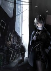 Rule 34 | 1boy, 1girl, around corner, bad id, bad pixiv id, black gloves, cellphone, city, coat, fami (yellow skies), fingerless gloves, gloves, grey eyes, open clothes, open coat, original, phone, road, shorts, sign, silver hair, street, trench coat