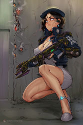 Rule 34 | 1girl, against wall, bbc-chan, beret, black hair, blue gloves, blue jacket, borrowed character, breasts, cleavage, cocktail dress, commission, covered erect nipples, dress, earpiece, earrings, full body, gloves, gun, hat, hiding, high heels, highres, injury, jacket, jewelry, large breasts, necklace, on one knee, open clothes, open jacket, original, partially fingerless gloves, police, police uniform, policewoman, red eyes, short dress, shoulder pads, silver dress, solo, submachine gun, throat microphone, trigger discipline, uniform, weapon