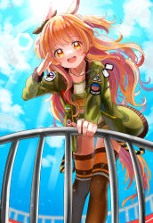Rule 34 | 1girl, :d, absurdres, animal ears, blush, brown eyes, brown hair, commentary, crop top, day, dog tags, feet out of frame, green jacket, highres, horse ears, horse girl, horse tail, hya ro, jacket, leaning forward, long hair, long sleeves, looking at viewer, mayano top gun (umamusume), open mouth, salute, short shorts, shorts, sky, smile, solo, standing, sweat, tail, teeth, thighhighs, two side up, umamusume, upper teeth only