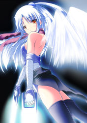 Rule 34 | 1girl, angel beats!, angel wings, ass, assassin (ragnarok online), bandages, black cape, black thighhighs, blue gloves, blue leotard, blush, cape, closed mouth, commentary request, dagger, dutch angle, elbow gloves, expressionless, feet out of frame, fingerless gloves, gloves, holding, holding dagger, holding knife, holding weapon, jamadhar, knife, leotard, long hair, looking at viewer, looking down, nirap, ragnarok online, red scarf, scarf, solo, tenshi (angel beats!), thighhighs, waist cape, weapon, white hair, wings