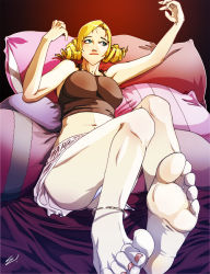 Rule 34 | 1girl, anklet, atlus, barefoot, bed, blonde hair, blue eyes, breasts, camisole, catherine, catherine (game), drill hair, eyeshadow, feet, foot focus, jewelry, large breasts, legs up, lipstick, looking away, lying, makeup, midriff, nail polish, navel, on back, panties, pantyshot, scamwich, skirt, soles, solo, toes, underwear