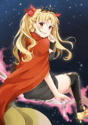 Rule 34 | 1girl, :d, black dress, black thighhighs, blonde hair, blush, breasts, cape, commentary request, dress, ereshkigal (fate), fate/grand order, fate (series), hair ribbon, highres, large breasts, long hair, looking at viewer, looking back, multicolored cape, multicolored clothes, open mouth, parted bangs, pixiv fate/grand order contest 2, red cape, red eyes, red ribbon, ribbon, sidukisaika, single sleeve, single thighhigh, smile, solo, thighhighs, tiara, two side up, yellow cape