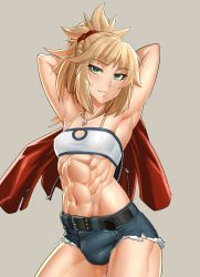 Rule 34 | 1futa, abs, armpits, arms up, bandeau, belt, belt buckle, black belt, blonde hair, blush, braid, breasts, buckle, bulge, collarbone, covered erect nipples, denim, denim shorts, fate/apocrypha, fate (series), frayed clothes, futanari, gender request, genderswap, green eyes, grey background, hair ornament, hair scrunchie, highres, jacket, jewelry, looking at viewer, midriff, mikoyan, mordred (fate), mordred (fate/apocrypha), mordred (memories at trifas) (fate), muscular, muscular female, navel, necklace, ponytail, red jacket, scrunchie, short hair, short shorts, shorts, sidelocks, simple background, small breasts, smile, solo, strapless, tube top, zipper, zipper pull tab