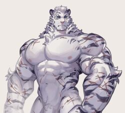 Rule 34 | 1boy, abs, animal ears, arknights, bara, blue eyes, commentary request, facial scar, furry, furry male, highres, kerogi haku, large pectorals, male focus, mixed-language commentary, mountain (arknights), multiple scars, muscular, muscular male, nude, pectorals, penis out of frame, scar, scar across eye, scar on arm, scar on cheek, scar on chest, scar on face, scar on stomach, tiger boy, tiger ears, tiger stripes, white background