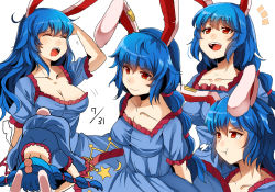 Rule 34 | 1girl, :d, :t, ^^^, alternate hairstyle, animal ears, arm up, bad id, bad pixiv id, blue dress, blue hair, braid, breasts, cleavage, closed eyes, closed mouth, collarbone, crescent, dated, dress, hair between eyes, hair down, head bump, highres, long hair, medium breasts, multi-tied hair, multiple views, open mouth, pout, rabbit ears, red eyes, sameya, seiran (touhou), short sleeves, simple background, smile, star (symbol), tears, touhou, twin braids, white background, yawning