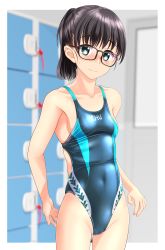 Rule 34 | 1girl, absurdres, black-framed eyewear, black hair, blurry, blurry background, blush, breasts, clothes writing, collarbone, commentary request, competition swimsuit, covered navel, cowboy shot, female pubic hair, glasses, gray swimsuit, green eyes, highleg, highleg swimsuit, highres, indoors, locker, locker room, multicolored clothes, multicolored swimsuit, nose blush, one-piece swimsuit, original, pubic hair, pubic hair peek, short hair, small breasts, solo, standing, swimsuit, takafumi, window
