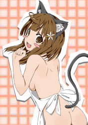 Rule 34 | 1girl, animal ears, apron, ass, blush stickers, breasts, brown eyes, brown hair, cat ears, cat girl, cat tail, female focus, looking back, miu (angelo whitechoc), naked apron, open mouth, original, short hair, sideboob, smile, solo, tail