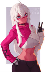 Rule 34 | 1girl, abs, ahoge, bad id, bad twitter id, black choker, black gloves, blue eyes, border, brand name imitation, breasts, character name, choker, colored skin, commentary, contrapposto, crop top, cropped hoodie, edie crop hoodie, english commentary, facial mark, fila, gloves, grey background, grey gloves, hair between eyes, hand on own hip, highres, hood, hood down, hoodie, leily klyne (liyart), liyart, long hair, looking at viewer, medium breasts, meme attire, multicolored clothes, multicolored gloves, narrow waist, navel, original, outside border, pants, red skin, sidelocks, silver hair, smile, solo, thick thighs, thighs, toned, v, white border, yoga pants