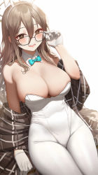 Rule 34 | 1girl, absurdres, akane (blue archive), akane (bunny) (blue archive), animal ears, bare shoulders, blue archive, blush, bow, bowtie, breasts, brown eyes, detached collar, fake animal ears, glasses, gloves, hair between eyes, halo, hand up, highres, large breasts, leotard, light brown hair, long hair, looking at viewer, mochirong, open mouth, pantyhose, plaid, plaid scarf, playboy bunny, rabbit ears, scarf, sidelocks, sleeveless, smile, solo, standing, strapless, strapless leotard, white gloves, white leotard, white pantyhose