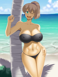 Rule 34 | 1girl, ;d, against tree, bare arms, bare legs, bare shoulders, beach, bikini, black bikini, breasts, bush, cleavage, cloud, collarbone, covered erect nipples, female focus, green eyes, hand on own hip, hand up, huge breasts, kawanuma uotsuri, legs, light brown hair, looking at viewer, navel, neck, ocean, one eye closed, open mouth, outdoors, palm tree, plant, ponytail, sand, shade, shadow, short hair, sky, smile, solo, strapless, strapless bikini, swimsuit, tree, water, wink