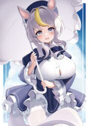Rule 34 | 1girl, absurdres, animal ears, azur lane, beret, blonde hair, blue bow, blue bowtie, blue eyes, blue hat, bow, bowtie, breasts, cleavage, cloud, commission, cosplay, dress, elegant (sumisumi4268), frilled dress, frills, grey hair, hat, highres, holding, holding umbrella, horse ears, horse girl, large breasts, long hair, multicolored hair, official alternate costume, original, pantyhose, petticoat, pixiv commission, sky, solo, streaked hair, thighband pantyhose, two-tone dress, umbrella, umikaze (azur lane), umikaze (azur lane) (cosplay), umikaze (baby steps) (azur lane), white pantyhose