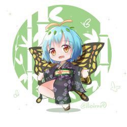 Rule 34 | 1girl, antennae, aqua hair, black kimono, butterfly wings, eternity larva, fairy, full body, geta, highres, insect wings, japanese clothes, kimono, lbcirno9, leaf, leaf on head, long sleeves, obi, open mouth, orange eyes, outstretched arms, sash, short hair, smile, solo, spread arms, standing, standing on one leg, touhou, twitter username, wide sleeves, wings