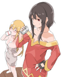 Rule 34 | 2girls, :t, aged down, aged up, alcohol, barefoot, beer, beer can, blonde hair, blush, bottle, breasts, brown hair, can, cleavage, closed eyes, collarbone, darkness (konosuba), dress, drink can, drinking, fingerless gloves, german text, gloves, hair ornament, hand on own hip, highres, kono subarashii sekai ni shukufuku wo!, large breasts, long hair, looking at another, megumin, milk, milk bottle, muchi maro, multiple girls, naked towel, off shoulder, puffy cheeks, red dress, red eyes, role reversal, short hair with long locks, simple background, single glove, spilled milk, spilling, sweatdrop, towel, white background, x hair ornament