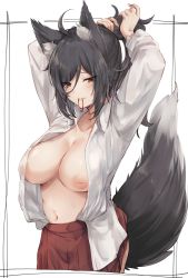 Rule 34 | 1girl, animal ears, arms up, black hair, blush, breasts, brown eyes, fox ears, fox tail, hair tie, highres, inverted nipples, large breasts, long hair, long sleeves, looking at viewer, mouth hold, navel, nipples, open clothes, open shirt, original, otou (otou3dayo), ponytail, red skirt, shirt, skirt, solo, tail, tying hair, white shirt
