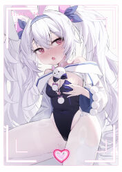 Rule 34 | 1girl, absurdres, animal ears, azur lane, bare shoulders, blue leotard, blue ribbon, blush, border, breasts, covered navel, crossed bangs, fake animal ears, grabbing own breast, groin, hair ribbon, heart, heart-shaped pupils, highres, laffey (azur lane), laffey ii (azur lane), laffey ii (sleepy on a busy day) (azur lane), leotard, long hair, long sleeves, looking at viewer, official alternate costume, open mouth, pantyhose, playboy bunny, rabbit ears, recording, red eyes, ribbon, small breasts, solo, symbol-shaped pupils, twintails, wendao, white border, white hair, white pantyhose