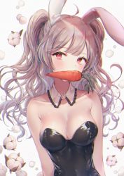 Rule 34 | 1girl, animal ears, bare shoulders, blush, breasts, carrot, chromatic aberration, cleavage, collarbone, covered navel, detached collar, fake animal ears, flower, grey hair, leotard, long hair, looking at viewer, medium breasts, mouth hold, original, ozzingo, playboy bunny, rabbit ears, red eyes, solo, upper body, wavy hair, white background