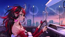 Rule 34 | 1girl, absurdres, alternate costume, black hair, black nails, blue eyes, blue sky, breasts, butterfly earrings, car, car interior, city, commentary request, convertible, crescent moon, demon girl, demon horns, detached sleeves, dress, driving, ear chain, earrings, expressionless, fingernails, hair between eyes, heart, heart necklace, highres, horns, jewelry, kisumi rei, lamppost, long hair, medium bangs, medium breasts, moon, motor vehicle, multicolored hair, nanashi inc., necklace, official art, open mouth, pointy ears, profile, red dress, red hair, red sleeves, ring, ryugasaki rene, sharp fingernails, signature, sky, solo, star (sky), starry sky, steering wheel, strapless, strapless dress, stud earrings, two-tone hair, upper body, virtual youtuber, white dress